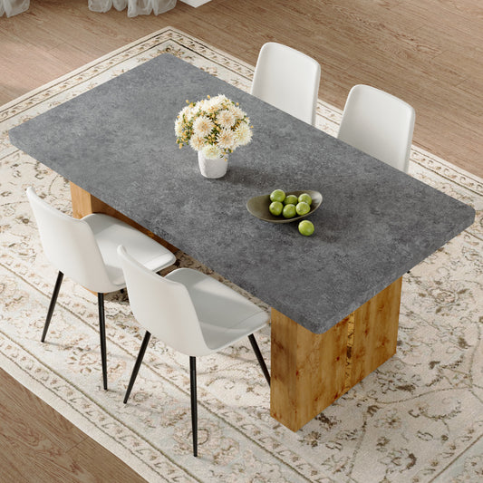 Table and chair set.Cozy Modern MDF Dining Set -67'x35.4' with 4 White  Artificial Leather Chairs With Curved Widened Cushion Design.Suitable for restaurants, kitchens, dining rooms,etc.