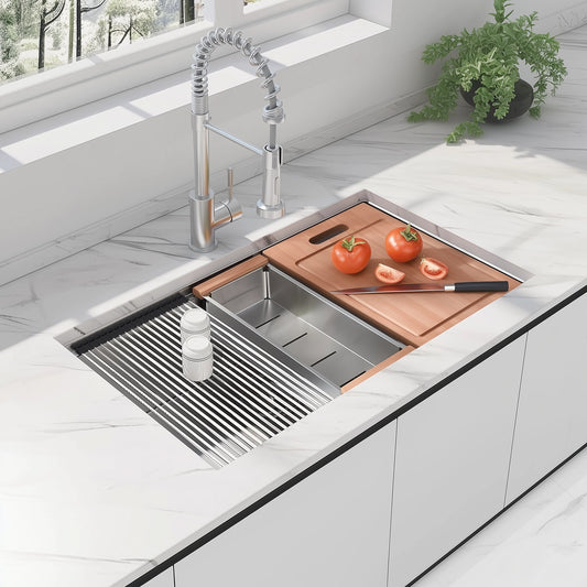 33 Undermount Workstation Sink-33 x 19 Inch Undermount Stainless Steel Kitchen Sink 18 Gauge, Handmade R10 Radius 10 Inch Deep Undermount Single Bowl Sink with Accessories