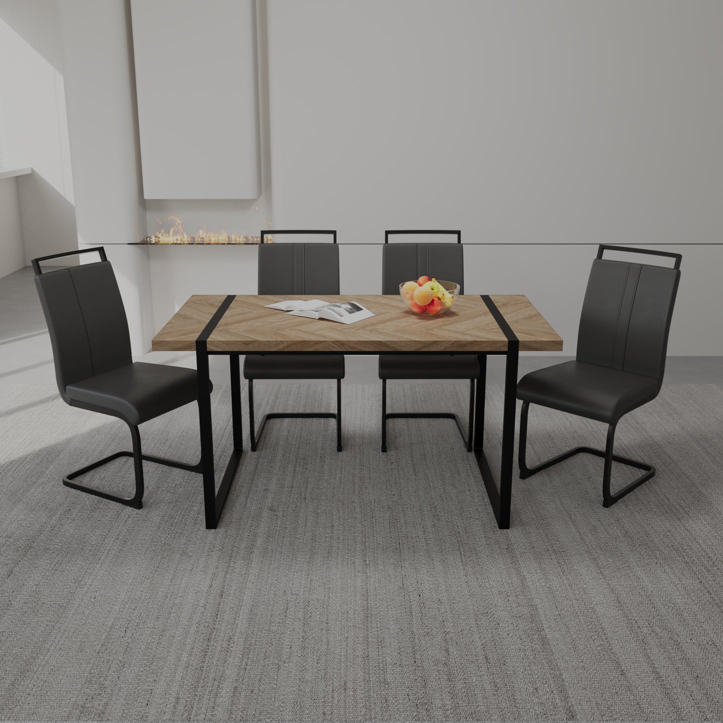 59 ' Dining Table Rural Industrial Rectangular MDF Light Wood Set and PU Armless Dining Chair Set, 4-piece. Kitchen Black Metal Table Leg Dining Chair Set