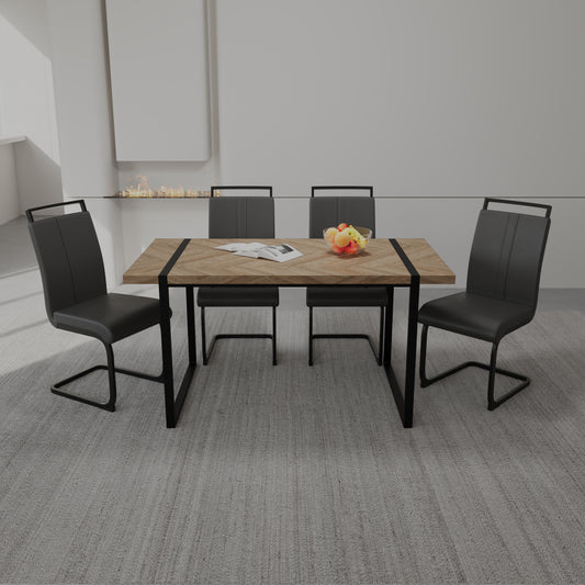 59 ' Dining Table Rural Industrial Rectangular MDF Light Wood Set and PU Armless Dining Chair Set, 4-piece. Kitchen Black Metal Table Leg Dining Chair Set