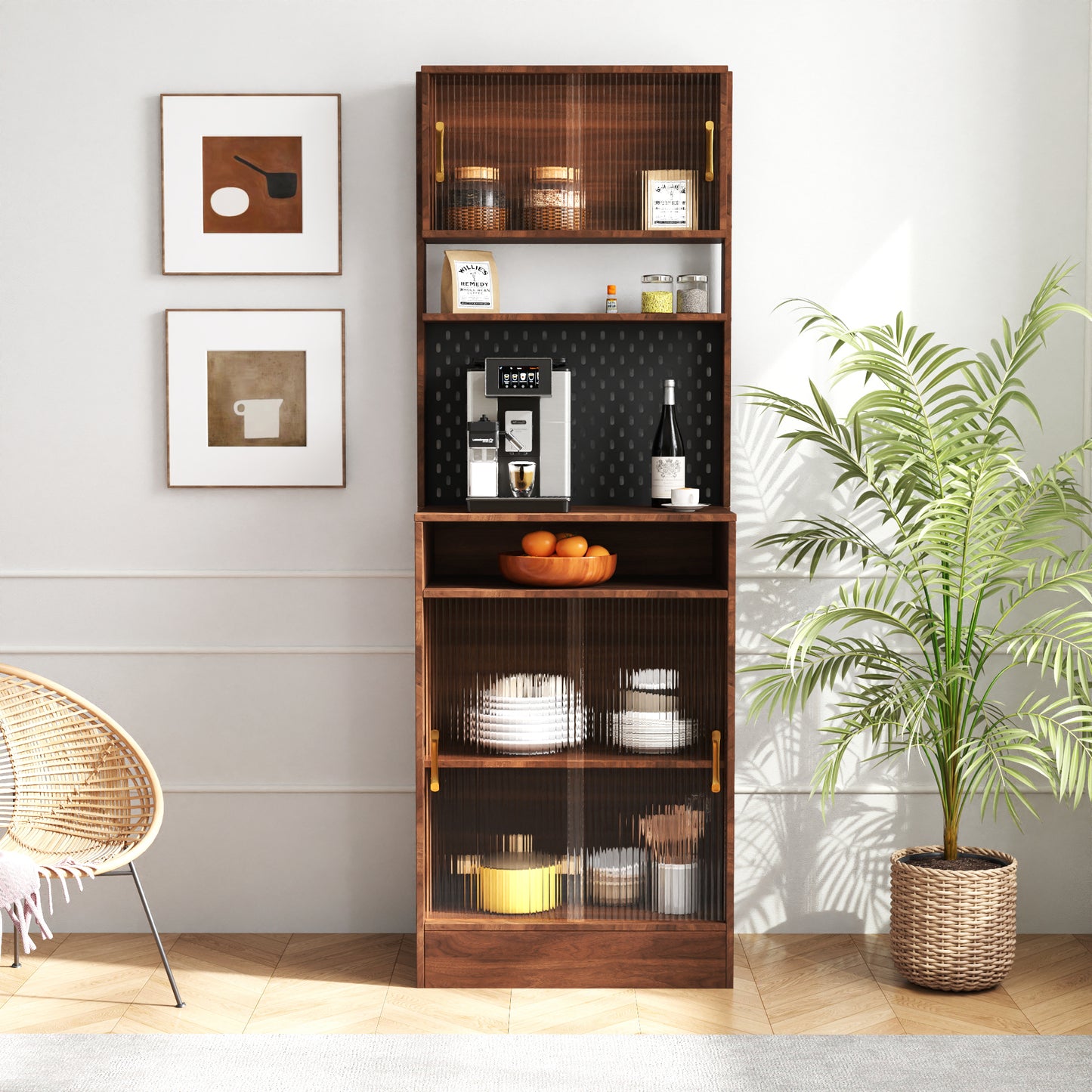 Kitchen Pantry Sideboard with 2 Sliding Striped Glass Doors, Freestanding Countertop Storage Cabinet for Bottles, Wine, Coffee machine, Microwave oven, and so on