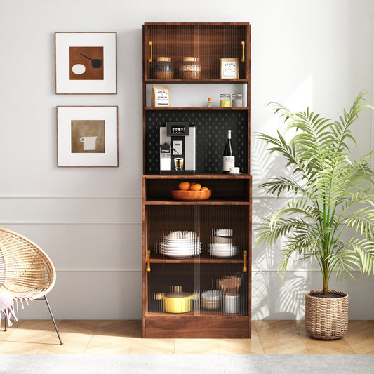 Kitchen Pantry Sideboard with 2 Sliding Striped Glass Doors, Freestanding Countertop Storage Cabinet for Bottles, Wine, Coffee machine, Microwave oven, and so on