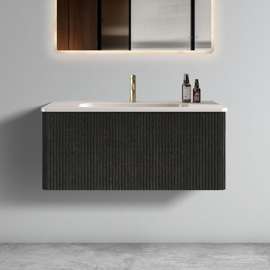 U058-Etna36W-308 Etna 36' Striped Brushed Black Oak Floating Bathroom Vanity with White Ceramic Sink, Bathroom Vanity for Modern Bathroom, Pre-assembled