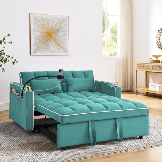 55.51 inch versatile foldable sofa bed in 3 lengths, modern sofa sofa sofa velvet pull-out bed, adjustable back and with USB port and ashtray and swivel phone stand (Green)