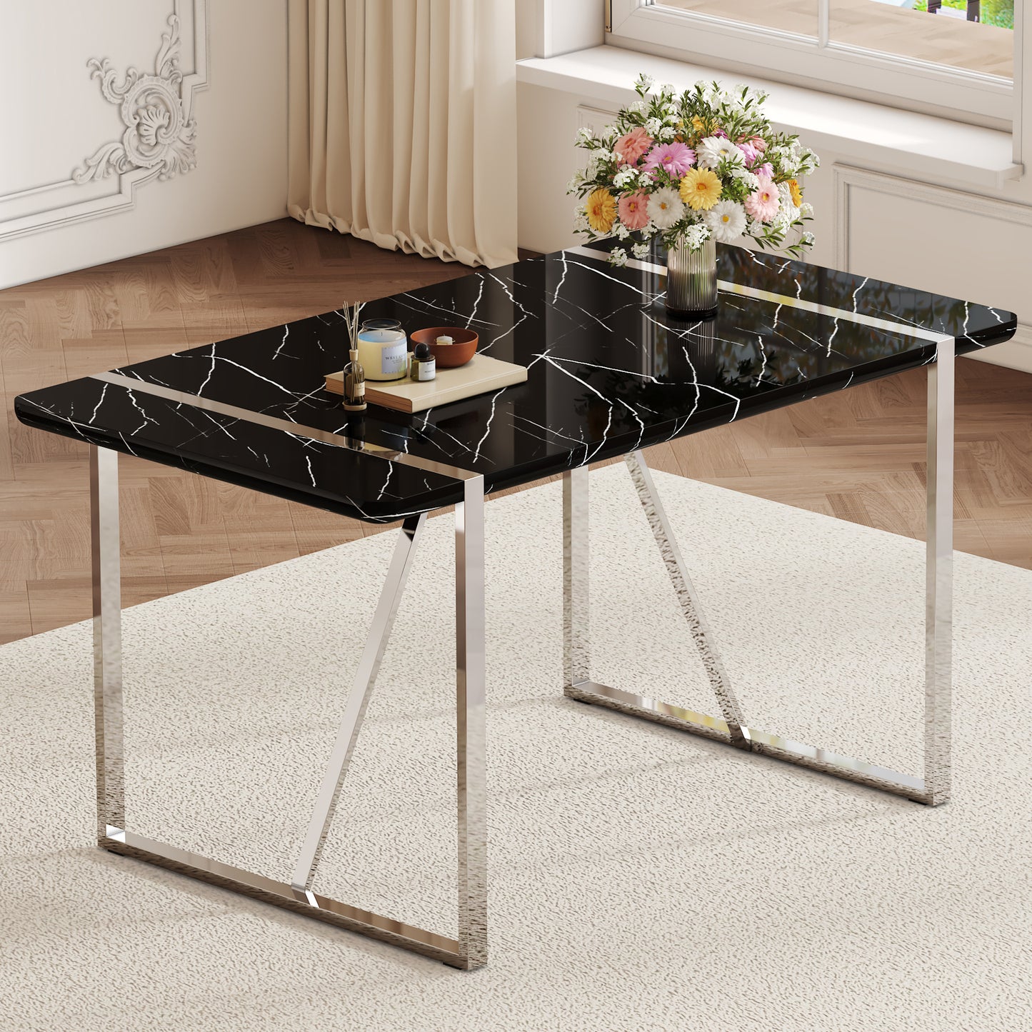 A rustic industrial rectangular MDF black dining table for 4-6 people, with a 1.5 'thick MDF desktop and electroplated metal legs, used for writing tables, kitchens, terraces, dining rooms55'*31.5*30