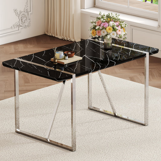 A rustic industrial rectangular MDF black dining table for 4-6 people, with a 1.5 'thick MDF desktop and electroplated metal legs, used for writing tables, kitchens, terraces, dining rooms55'*31.5*30