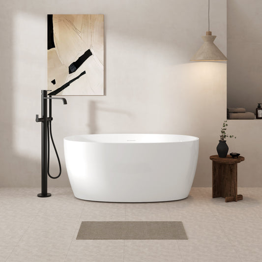55' Glossy White Acrylic Freestanding Bathtub, Elegant Oval Shape Soaking Bathtub, Brushed Nickel Drain and Integrated Slotted Overflow Assembly, cUPC Certified, 02119-BN