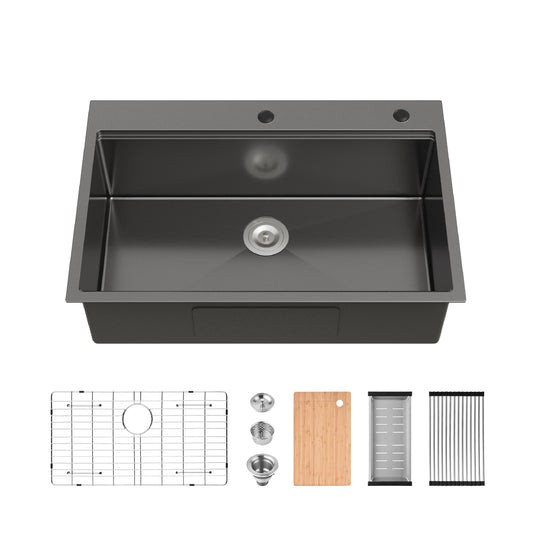 Stainless Steel Kitchen Sink, 33″x22″ Single Bowl, Overmount Handmade Sink in Black, with Cutting Board, Colander, Grid, SS-BL-01