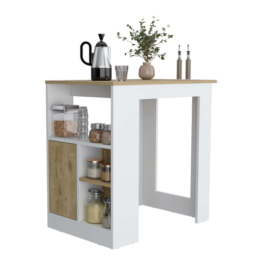 Kitchen Island 36' H, Three Open Side Storage Shelves and One Push-to-Open Cabinet, White/Macadamia