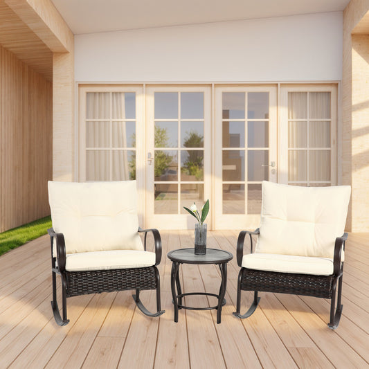 3 Pieces Patio Furniture Set Rocking Bistro Set Outdoor Rattan Conversation with Coffee Table for Garden Balcony Backyard Poolside