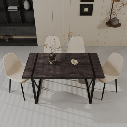 59' MDF black wooden dining table and modern dining chair set of 4 pieces, medieval wooden kitchen dining table set, black rectangular metal base, dining table and suede chair set