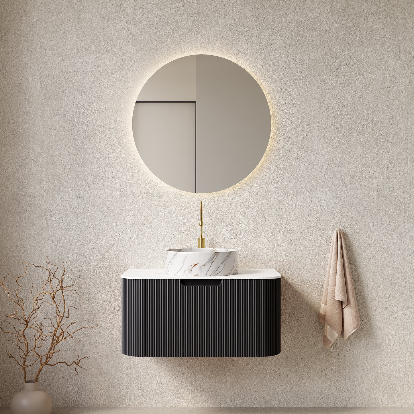 DINA 30' Bathroom Vanity with Sink, Wall-Mounted Floating Curved Edges Striped Bathroom Storage Cabinet with Drawer, White Round Ceramic Basin with Stone Pattern, Pre-assembled, Black Color