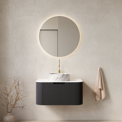 DINA 30' Bathroom Vanity with Sink, Wall-Mounted Floating Curved Edges Striped Bathroom Storage Cabinet with Drawer, White Round Ceramic Basin with Stone Pattern, Pre-assembled, Black Color