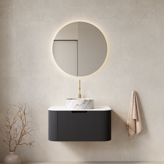 DINA 30' Bathroom Vanity with Sink, Wall-Mounted Floating Curved Edges Striped Bathroom Storage Cabinet with Drawer, White Round Ceramic Basin with Stone Pattern, Pre-assembled, Black Color