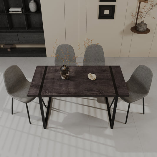 59' MDF black wooden dining table and modern dining chair set of 4 pieces, medieval wooden kitchen dining table set, black rectangular metal base, dining table and suede chair set