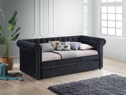 Luxurious 1pc Modern Aesthetic Beautifully Button Tufted Nailhead Trim Design Daybed Built-in pull-out Trundle Bed Living Space Guest Room Bedroom Black Twin