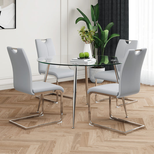 Modern simple round glass table, wear-resistant tempered glass countertop, electroplated table legs, Grey PU dining chair set, suitable for restaurant kitchen use (set of 5)