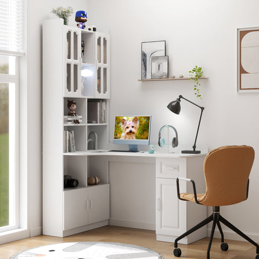 L-Shaped Corner Computer Desk  for Home Office or Study desk, Study Modern Style Table with Drawers, Bookshelf & Hutch, 2-in-1 L-Shaped Design, Large Working Space,white