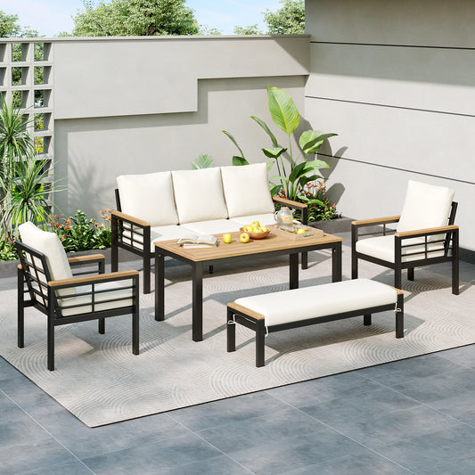TREXM Patio Furniture Set, 5 Pieces Outdoor Furniture Set with 3-Seat Sofa, Patio Conversation Sets with Cushions for Backyard, Poolside, Garden (Black + Beige Cushion)
