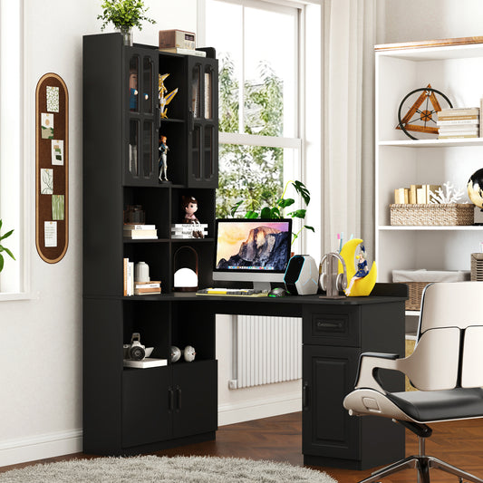 L-Shaped Corner Computer Desk  for Home Office or Study desk, Study Modern Style Table with Drawers, Bookshelf & Hutch, 2-in-1 L-Shaped Design, Large Working Space,black