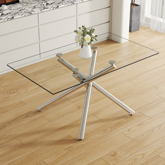 Large Modern Minimalist Rectangular Glass Dining Table for 6-8 with 0.39' Tempered Glass Tabletop and Silver Chrome Metal Legs, for Kitchen Dining Living Meeting Room Banquet hall,63''x35''x 29''1537