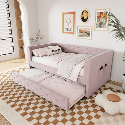 Twin Size Upholstered Velvet Tufted Daybed with Trundle, Pink