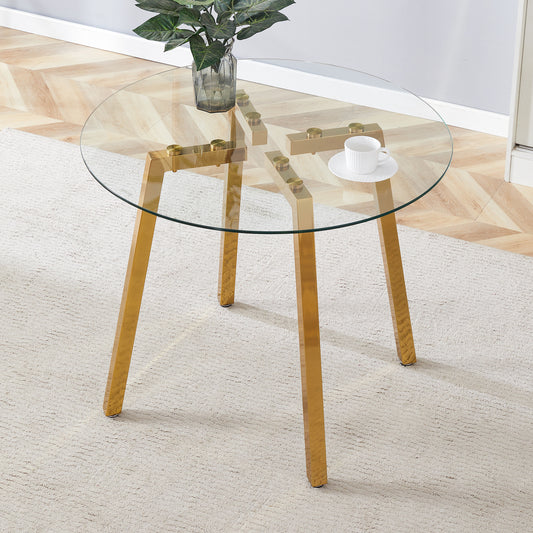 Modern Luxurious Round Tempered Glass Dining Table with Gold 7-Shaped Metal Legs,suitable for family meals, office conferences, or as a casual coffee table for various occasions.36*36*29.5