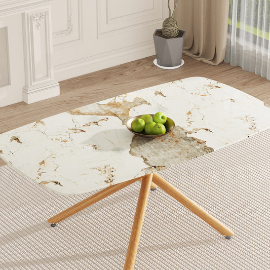 Large modern minimalist rectangular dining table with 0.39 'imitation marble top and wood colored metal legs, suitable for kitchen, dining room, living room, meeting room and banquet hall 1537