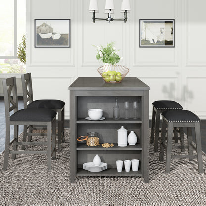 TOPMAX 5 Pieces Counter Height Rustic Farmhouse Dining Room Wooden Bar Table Set with 2 stools and 2 Chairs, Gray