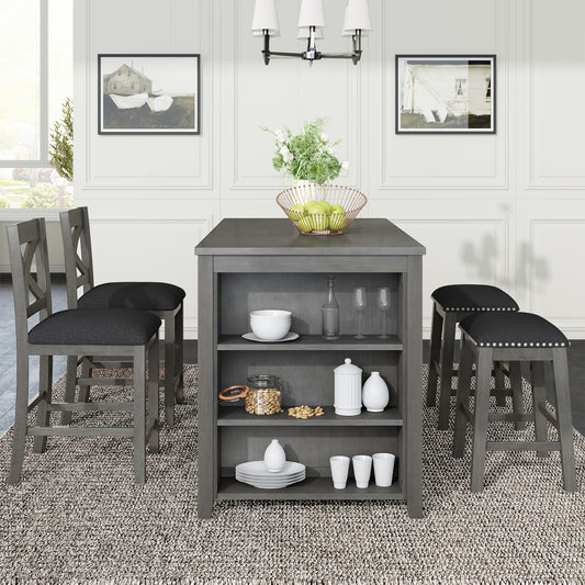 TOPMAX 5 Pieces Counter Height Rustic Farmhouse Dining Room Wooden Bar Table Set with 2 stools and 2 Chairs, Gray