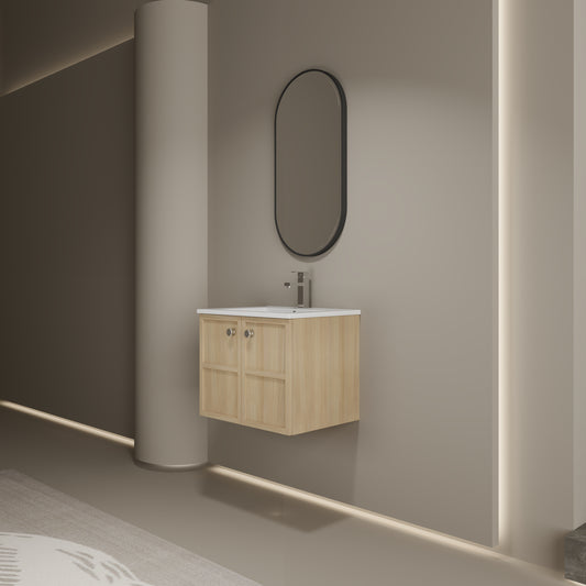 24' Wall-Mounted Bathroom Vanity whit Ceramic Sink, 2-Soft Closing Door, Oak, Plywood