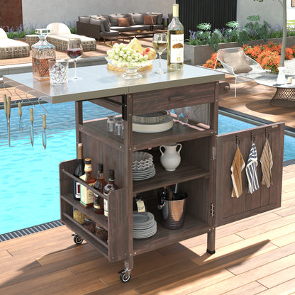 K&K 40.5' Outdoor Grill Cart with Stainless Steel Top, Solid Wood Outdoor Storage Cabinet with Drop Leaf, One Drawer, Towel Rack, Rolling Kitchen Cart with Lockable Wheels for Lawn Garden, Brown
