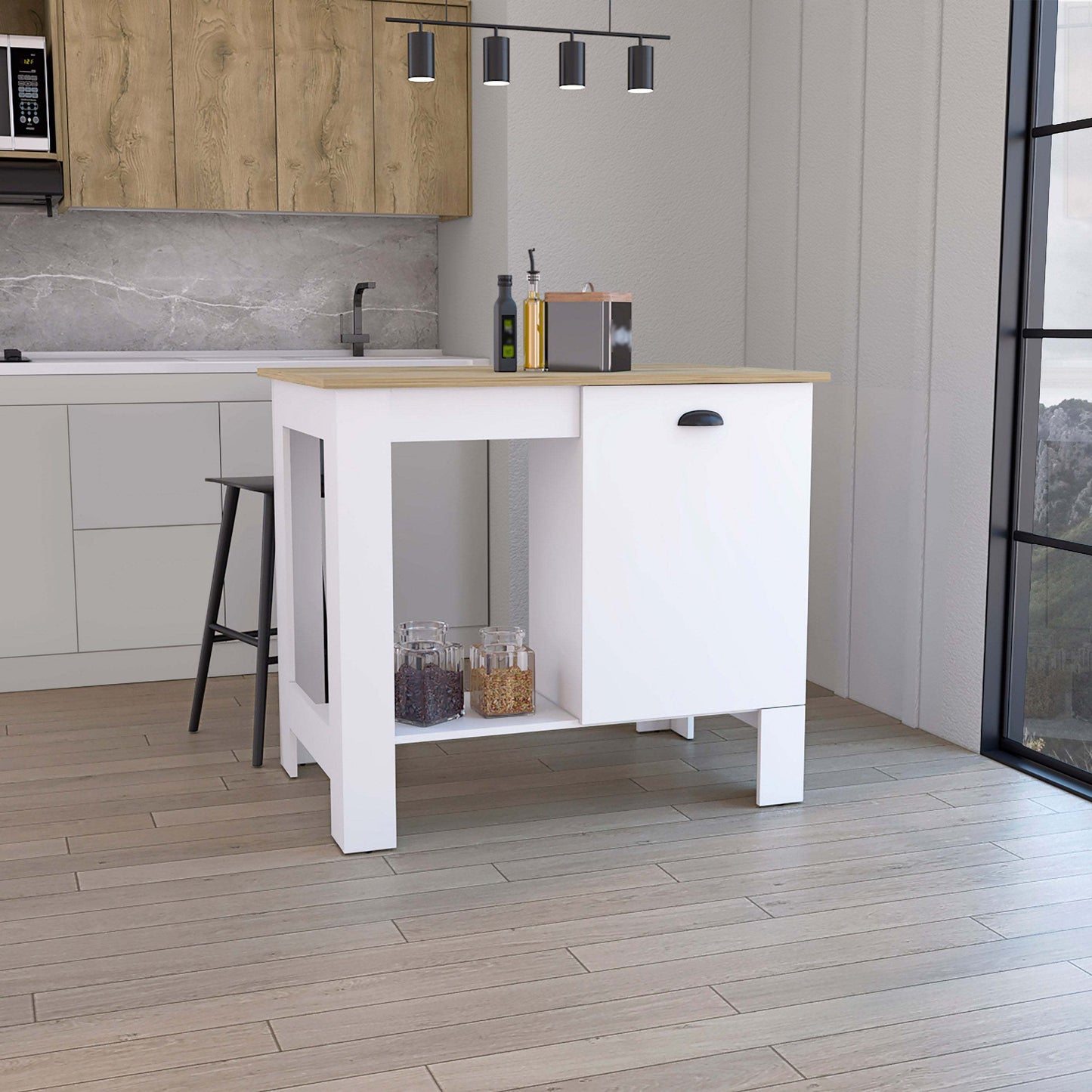 Kitchen Island 35' H, One Storage Cabinet with Door, Two Internal Shelves, One Open storage Shelf, White/Macadamia