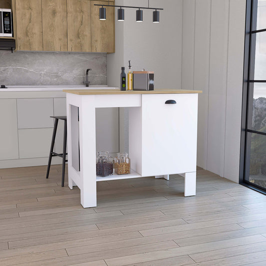 Kitchen Island 35' H, One Storage Cabinet with Door, Two Internal Shelves, One Open storage Shelf, White/Macadamia