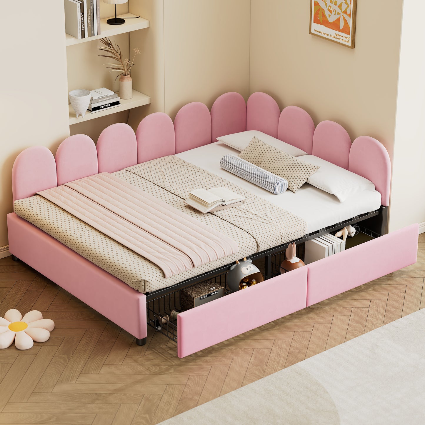 Full Size Upholstered Daybed with 2 Drawers,Velvet Sofabed with Soft Fabric Headboard, No Box-spring Needed, Pink