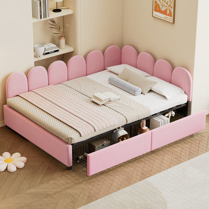 Full Size Upholstered Daybed with 2 Drawers,Velvet Sofabed with Soft Fabric Headboard, No Box-spring Needed, Pink