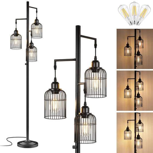 Industrial Floor Lamp for Living Room,LED Farmhouse Standing Lamp with 3 Birdcage Hanging Shade, Dimmable Tall Lamp Rustic Home Decor for Bedroom Office, Black (Bulbs Included)
