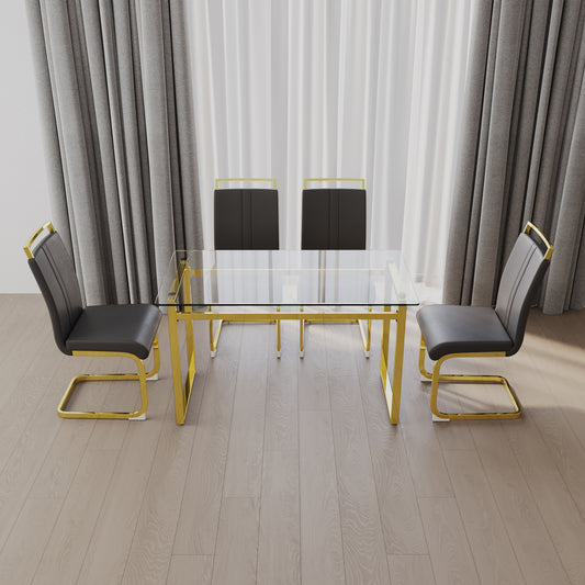 51 inch Glass Dining Table Set for 4, Dining Table & Chair Sets with Golden Plating Legs for Kitchen, Modern Rectangle Tempered Glass Table Top and  PU Dining  armless Chair for Dining Room