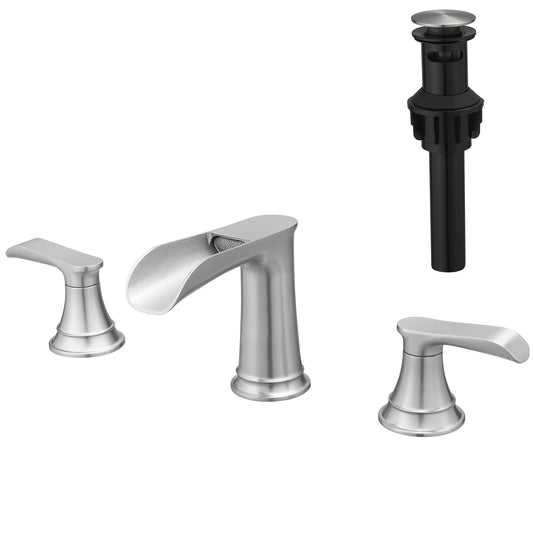 Bathroom Faucets for Sink 3 Hole Brushed Nickel 8 inch Widespread Bathroom Sink Faucet with Pop Up Drain Double Lever Handle Faucet Bathroom Vanity Faucet Basin Mixer Tap Faucet with Hose