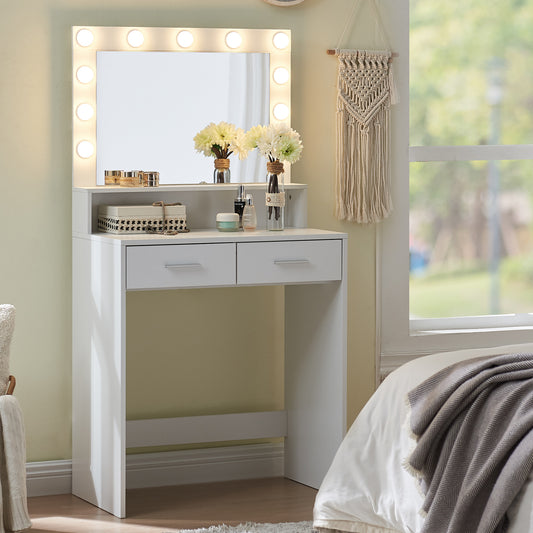 Vanity Desk with Mirror and Lights, Dressing Table with Large Drawer, 2 Level Storage Dresser & 3 Lighting Modes Adjustable Brightness, Suitable for Bedroom(White)