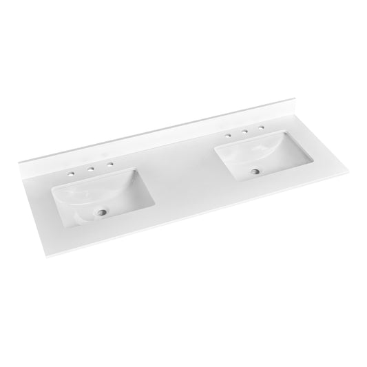 60'X22' bathroom stone vanity top lightning white with two undermount ceramic sinks and 3 faucet hole with backsplash