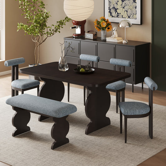 TOPMAX 6-Piece Dining Set, Mid-Century Modern Table Set for 6 Persons with 4 Chairs and Bench, Padded Seats and Backrest, Espresso