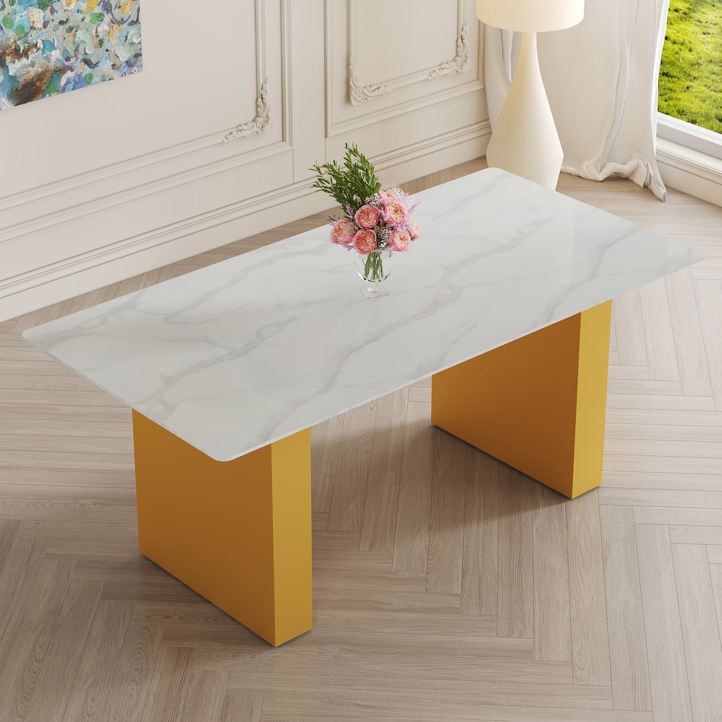 Large modern rectangular table with 0.4 inch patterned tabletop and large MDF table legs, suitable for kitchen, dining room, and living room 71 '* 35.4' * 30 '  1546