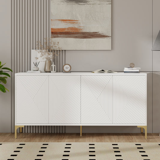 Buffet Cabinet with Storage, Wood Sideboard Cabinet with Carved Door Panels,4 Doors  modern aesthetic Storage Cabinet with Adjustable Shelves for Living Room, Kitchen (White)
