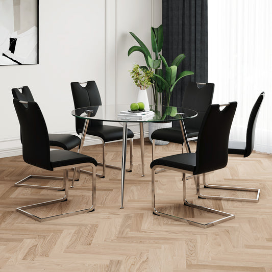 Modern simple round glass dining table, solid tempered glass tabletop, electroplated table legs, Black PU dining chair set, suitable for restaurant kitchen use (set of 7)