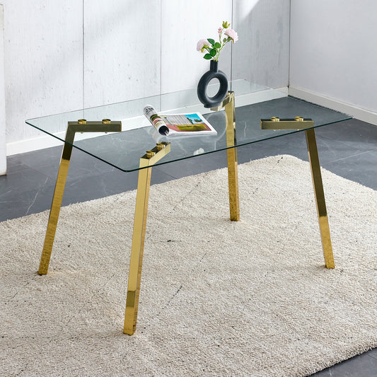 Modern minimalist style rectangular glass dining table with tempered glass tabletop and golden metal legs, suitable for kitchen, dining room, and living room, 51 ' * 31.5 ' * 29.5 '   1123