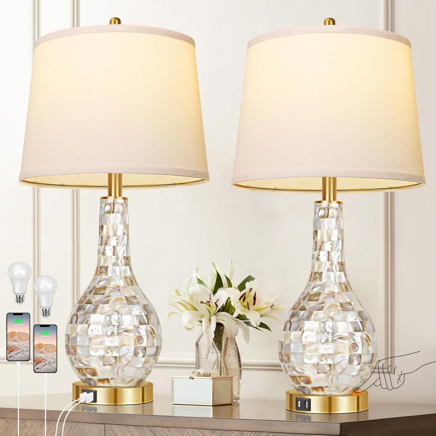 Set Of 2 Gold Shell Pearl Tile Table Lamp, Modern Coastal Style Bedside Table Lamp With USB Port For Office, Living Room, Bedroom, 3-Way Touch Control Lamp Included (2700K LED Bulb)