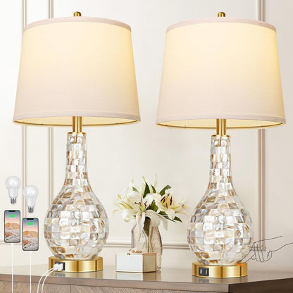 Set Of 2 Gold Shell Pearl Tile Table Lamp, Modern Coastal Style Bedside Table Lamp With USB Port For Office, Living Room, Bedroom, 3-Way Touch Control Lamp Included (2700K LED Bulb)