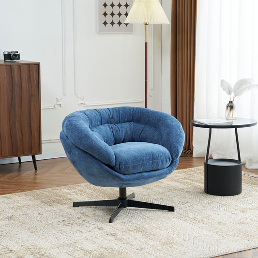 Modern Chenille Office Chair, 360° Swivel Accent Chair with Removable Cushion, Round Office Chair, Black Metal Base, Cotton Material, Living Room, Bedroom, Reading Corner, Office (Navy Blue)