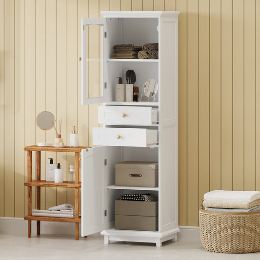 63' Tall Bathroom Storage Cabinet with Glass Doors, Free-Standing, Two Drawers, and Adjustable Shelves, MDF Board, Painted white - Perfect for Displaying Your Favorite Items